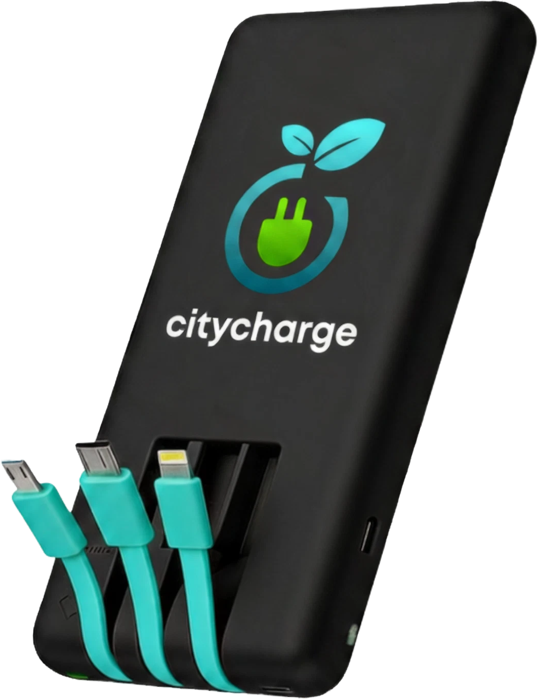 CityCharge portable power bank with built-in Lightning, USB-C and micro-USB cables